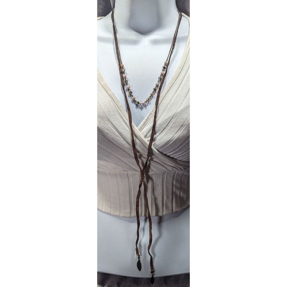Bohemian Hippie Brown Suede Beaded Necklace With Tie Accent